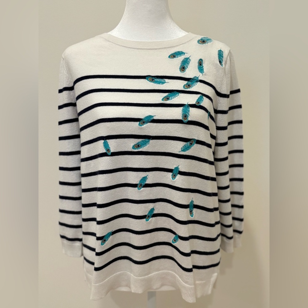 Talbots White Knit Striped Sweater with Peacock Detail